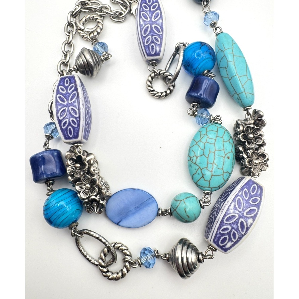 Blue Beaded Necklace Multi-Strand Silver Tone Nautical Beach